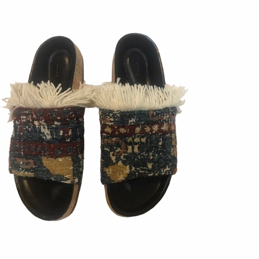 Chloe Multi-Color woven Tribal Print  Tapestry With Fringe Slip-on Size 37